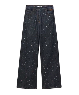 Pantalones De Mezclilla Azul Oscuro De Pierna Ancha Con Tachuelas