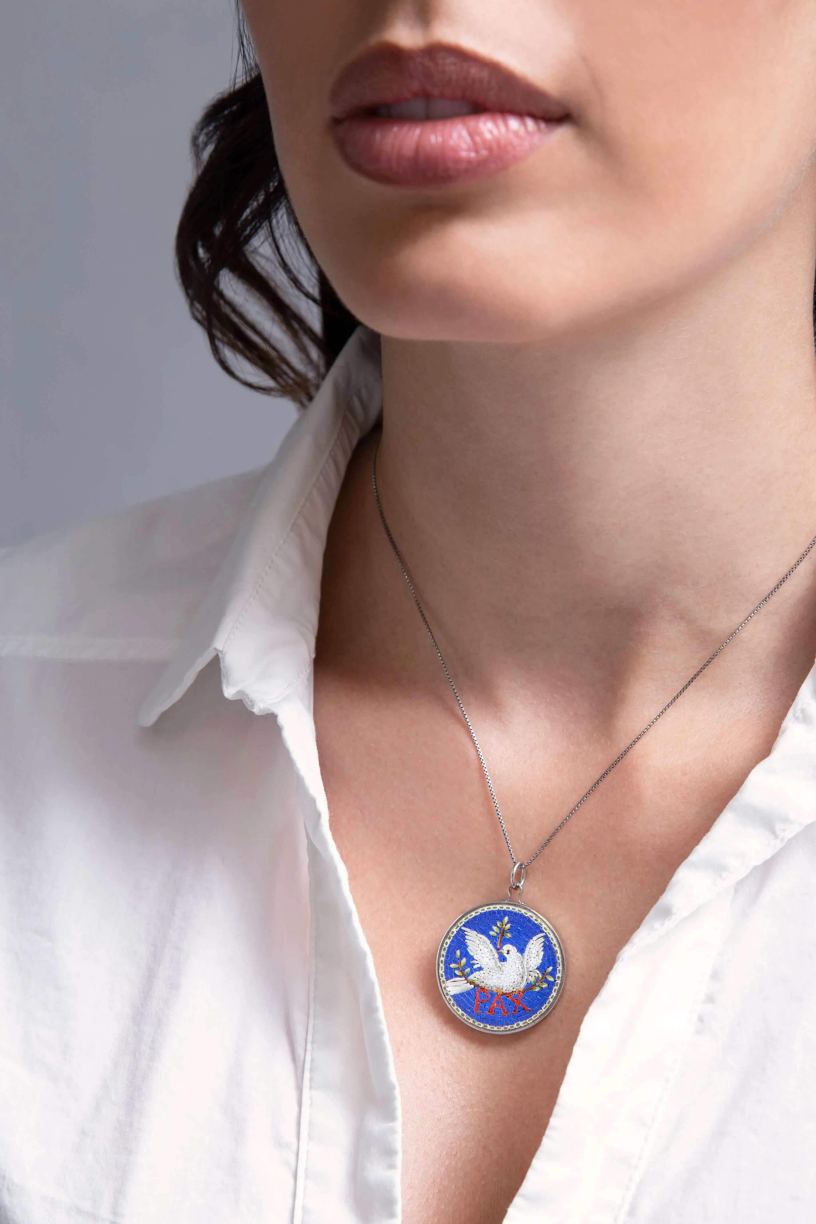 PEACE DOVE - BLUE MICROMOSAIC - SILVER NECKLACE