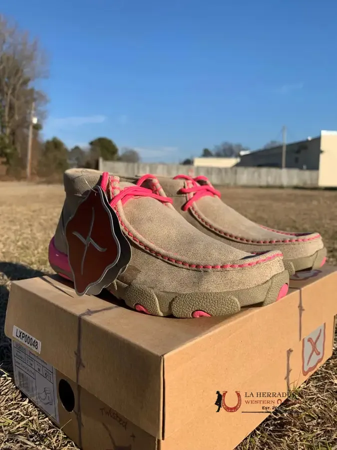 TWISTED X WOMENS DRIVING MOC DUSTY TAN NEON PINK CASUAL SHOE