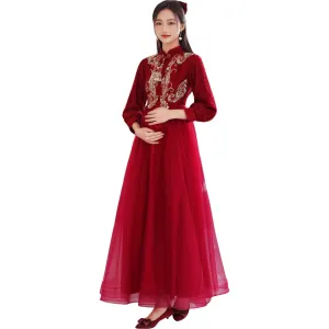 Wine Red High Waistline Pregnant Bridal Dress 孕妇敬酒服