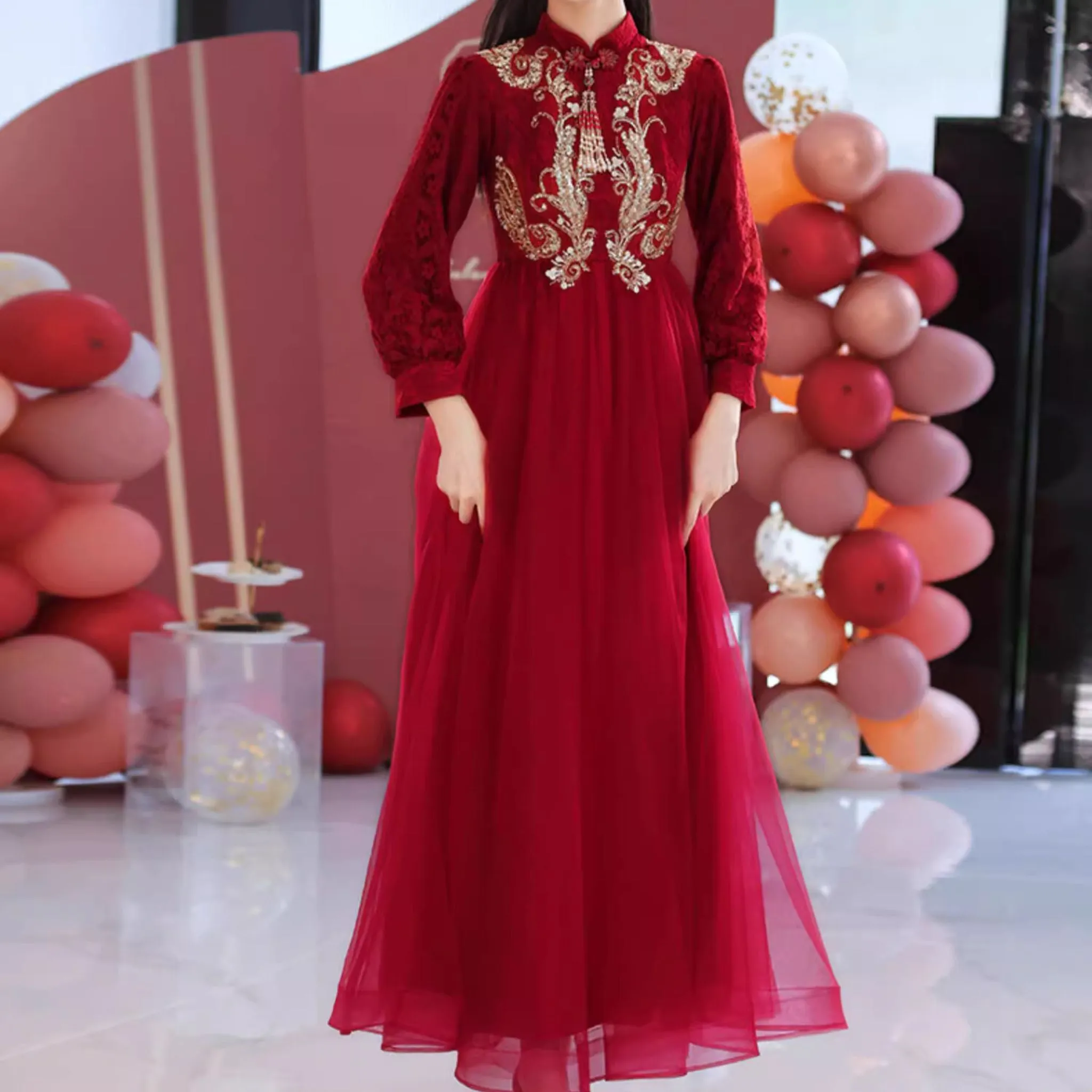 Wine Red High Waistline Pregnant Bridal Dress 孕妇敬酒服